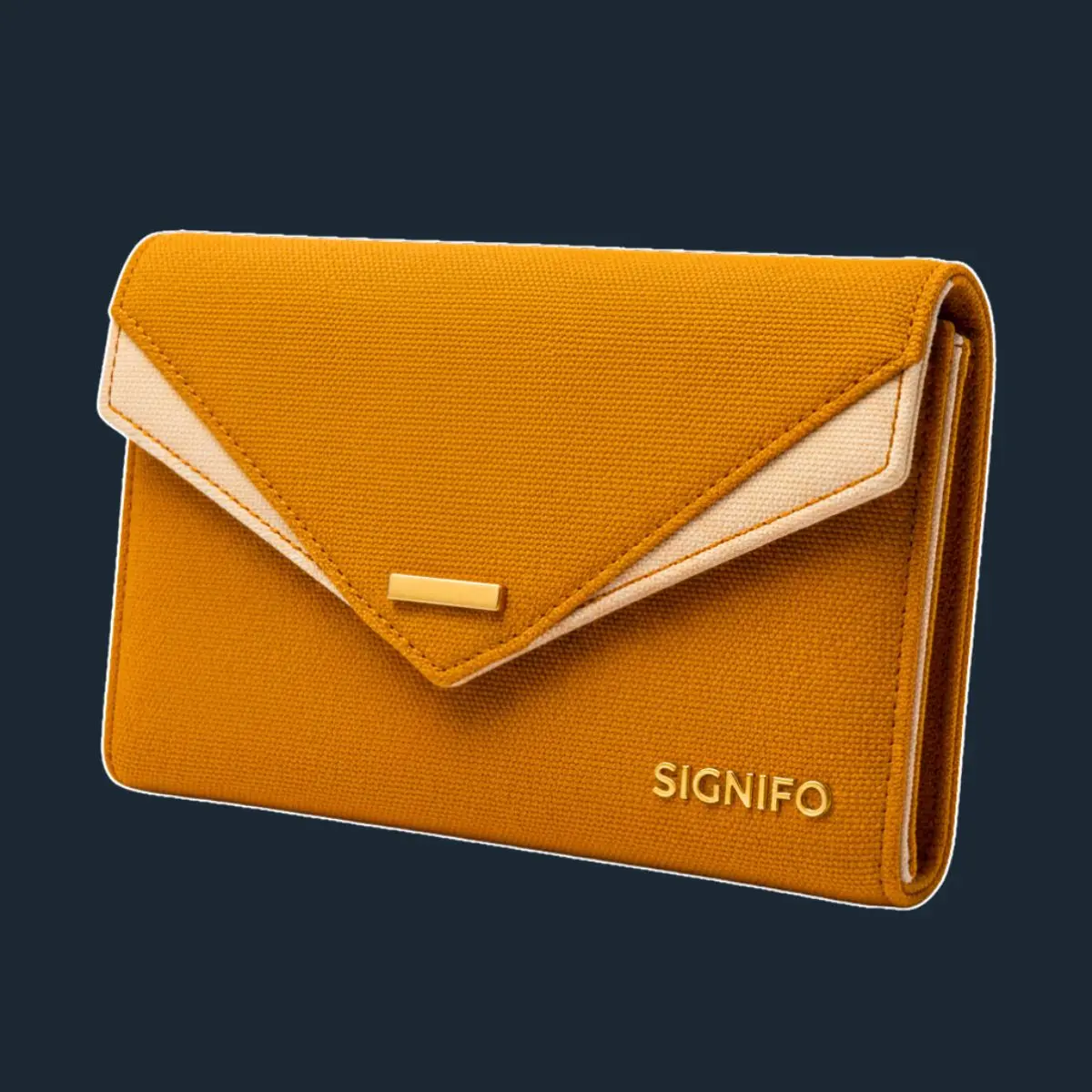 Dompet lipat 'Aurelius Fold' Signifo kanvas Marigold Yellow dengan aksen krem.